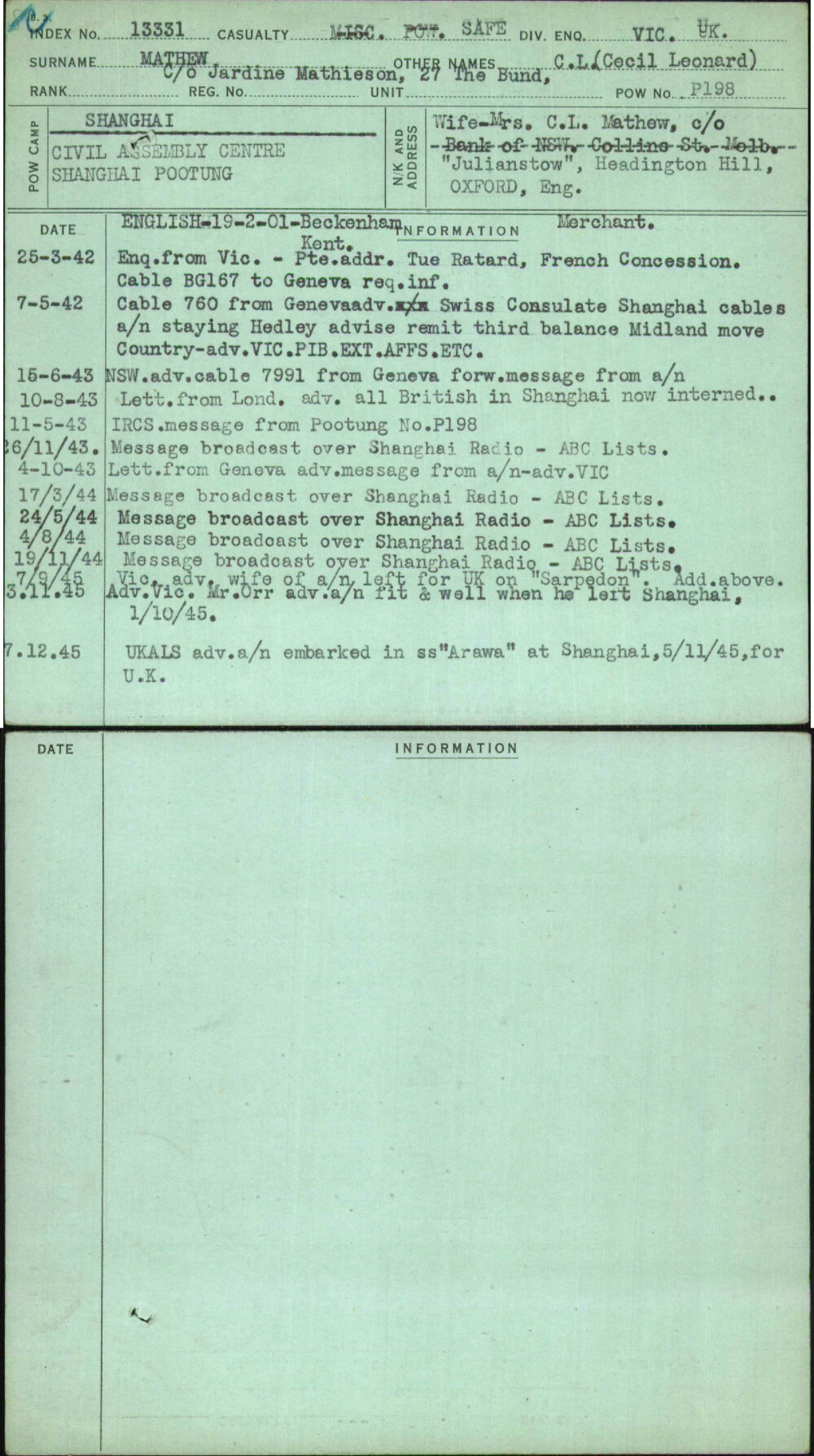 Mathew, C L (Cecil Leonard), C-O Jardine Mathieson 27 The Bund