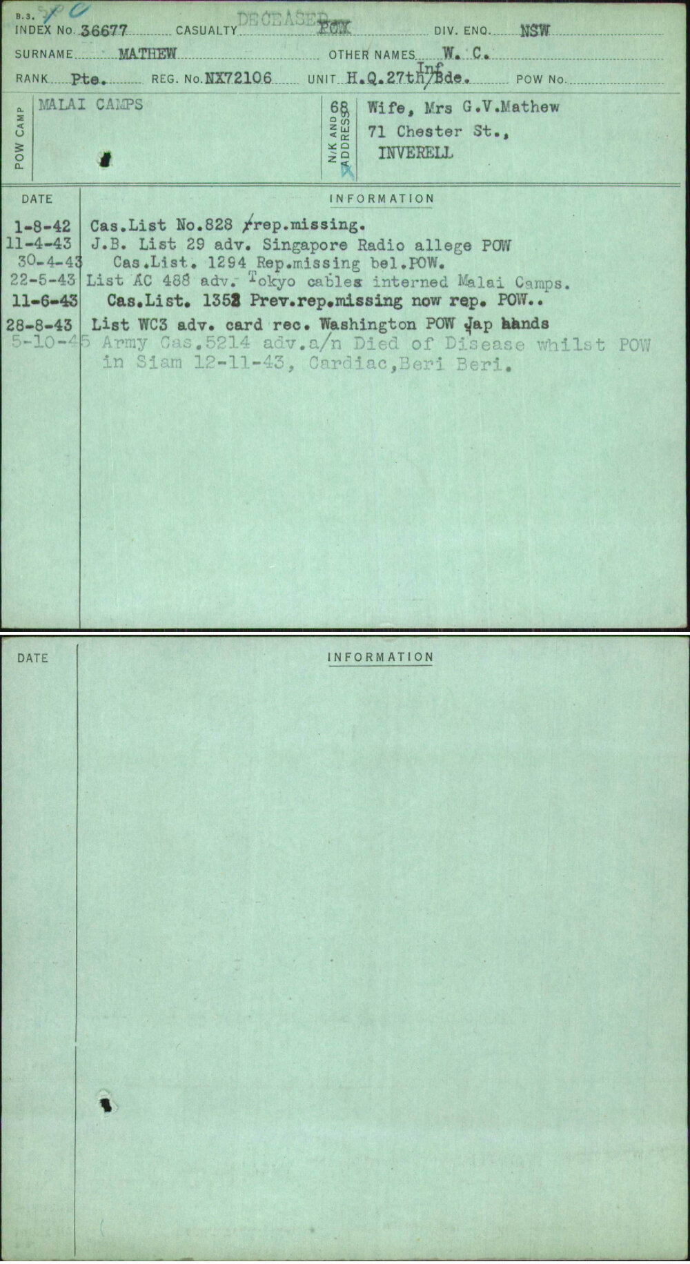 Mathew, W C, NX72106
