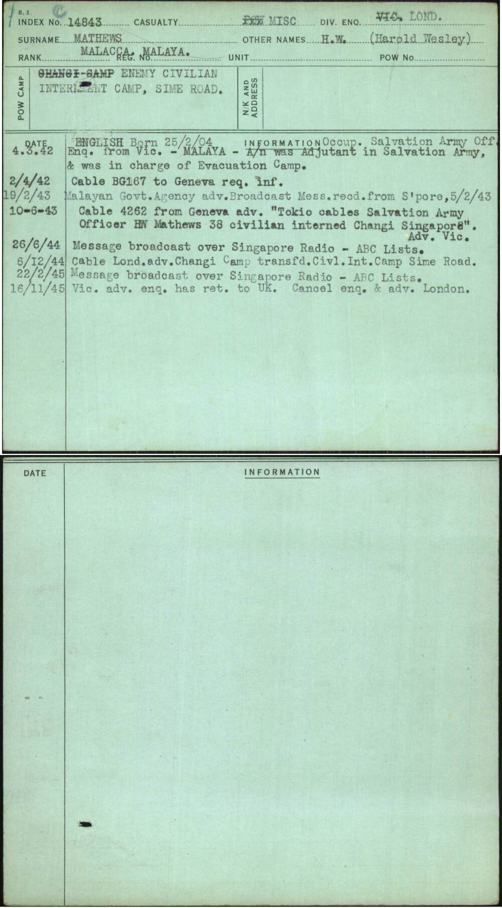 Mathews, H W (Harold Wesley), Malacca Malaya