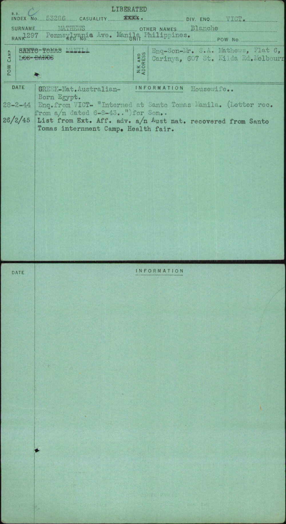 Mathews, Blanche, [No Service Number]