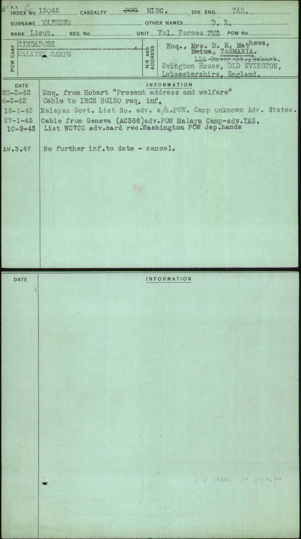 Mathews, D R, [No Service Number]