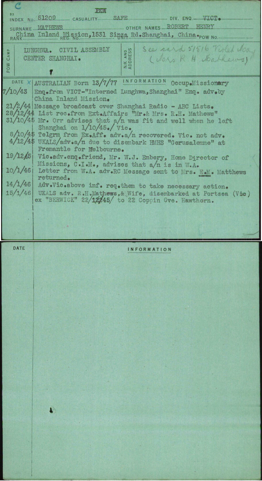 Mathews, Robert Henry, [No Service Number]