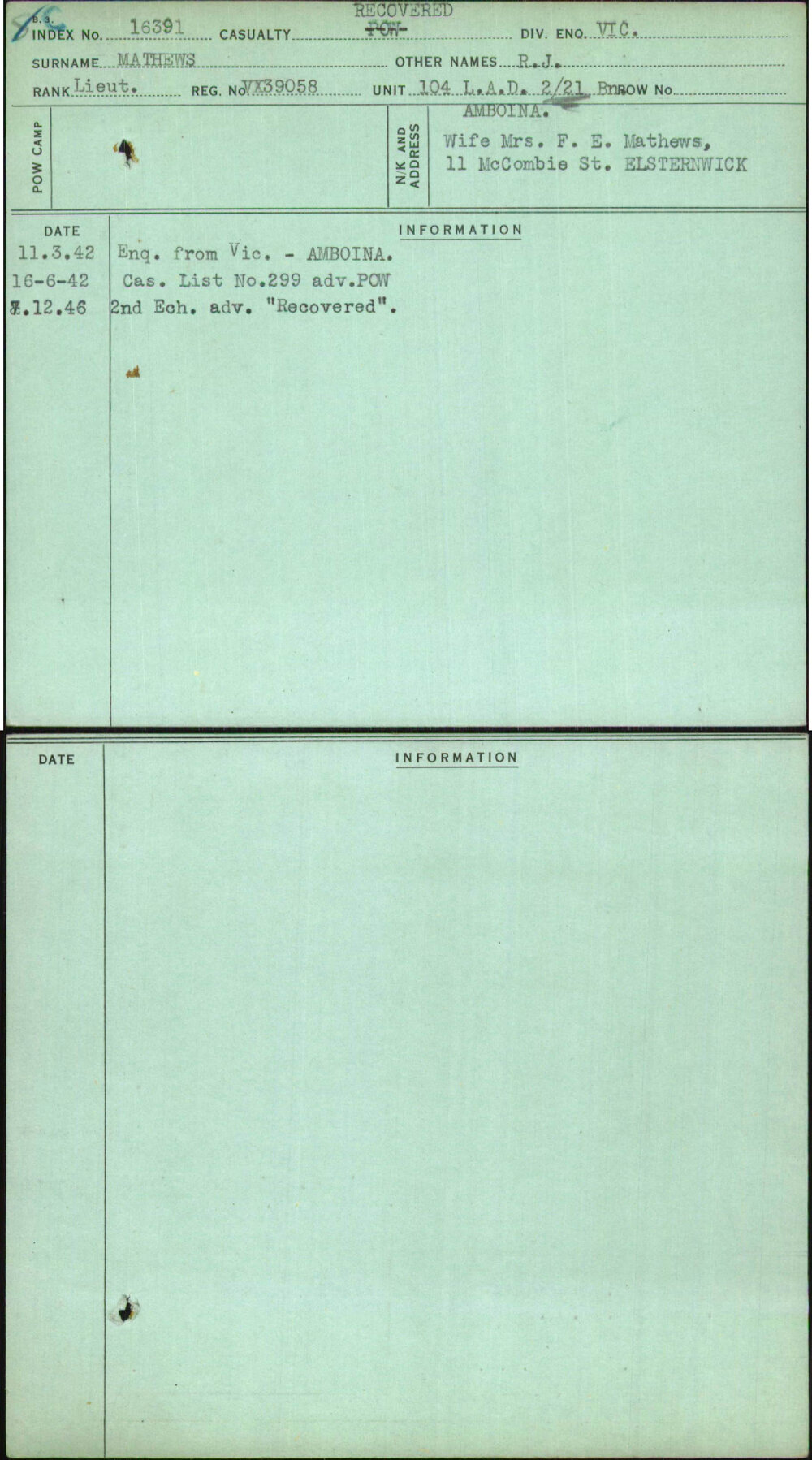 Mathews, R J, VX39058