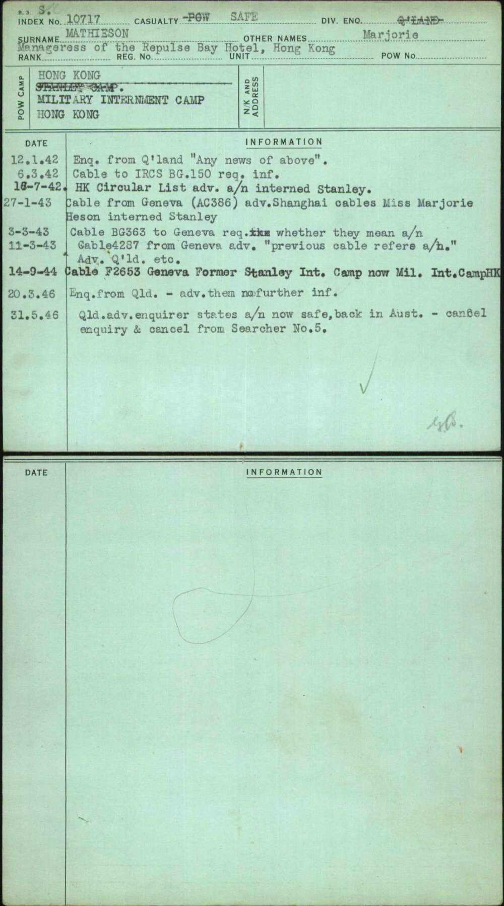 Mathieson, Marjorie, [No Service Number]