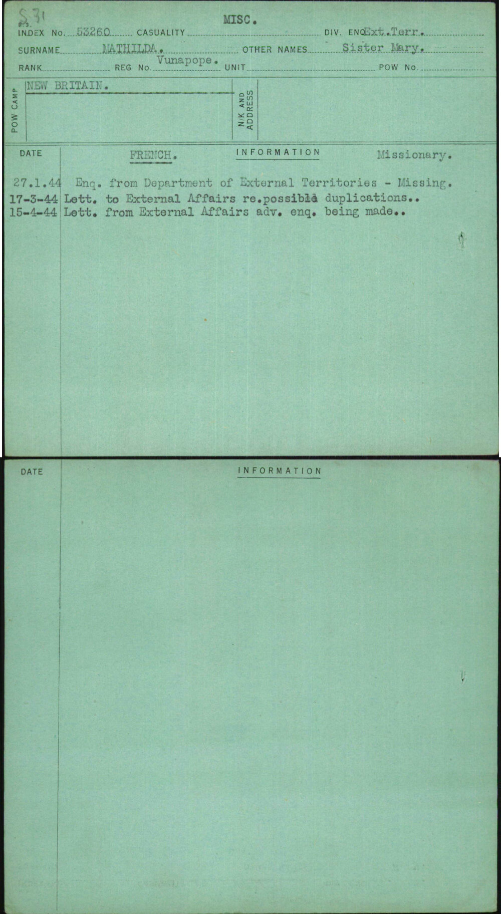 Mathilda, Sister Mary, Vunapope