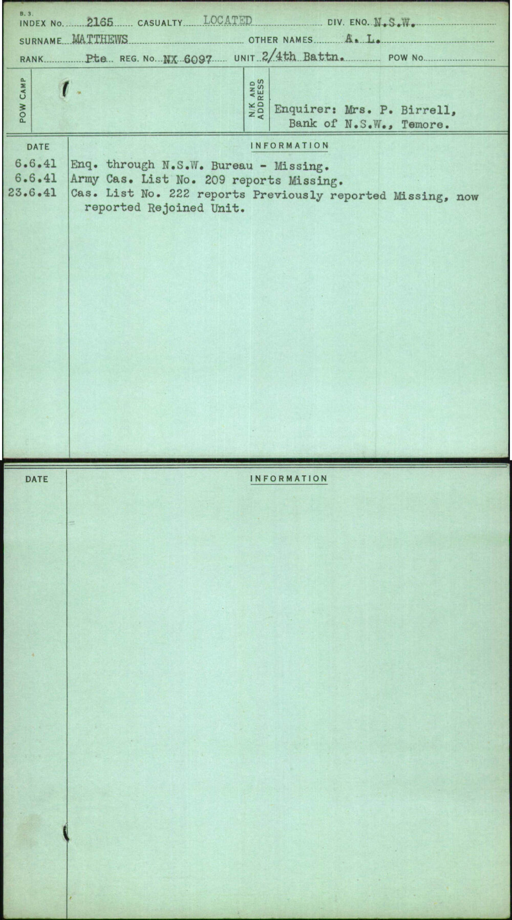 Matthews, A L, NX6097