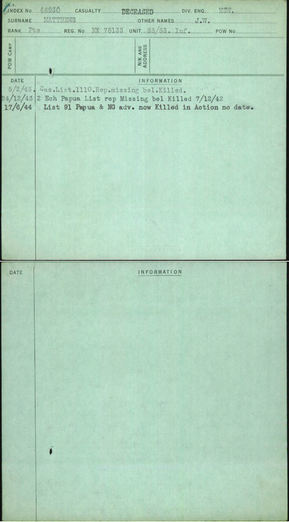 Matthews, J W, NX78133