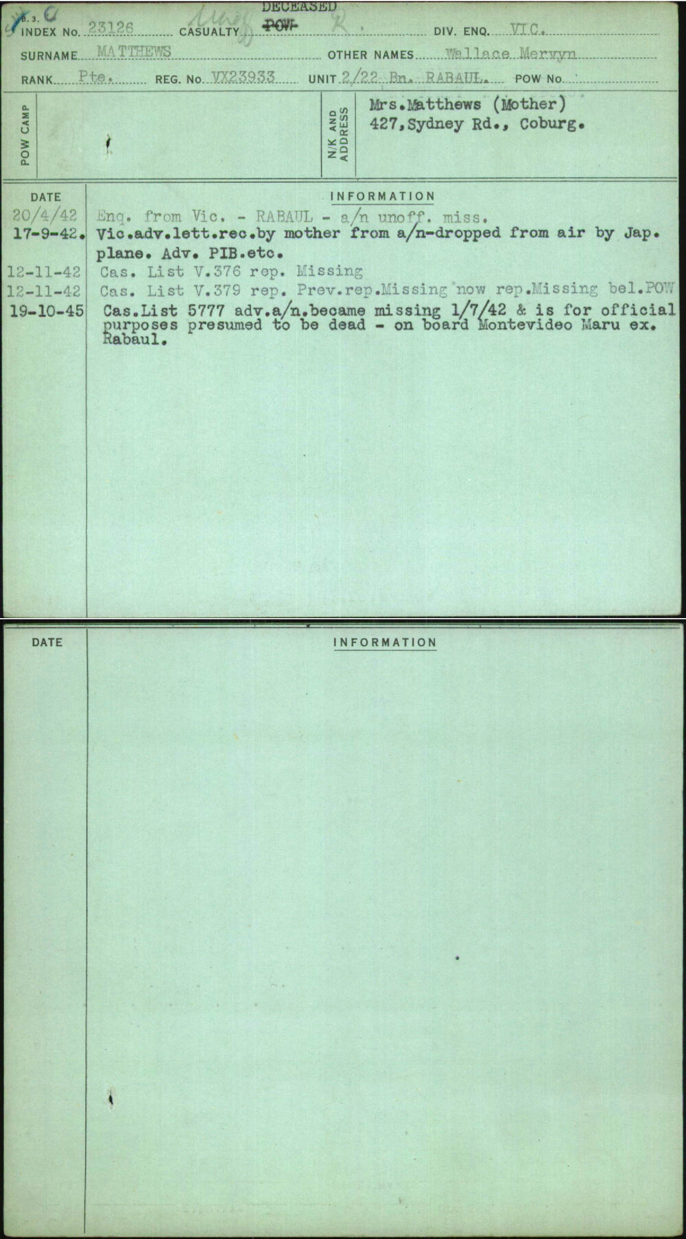 Matthews, Wallace Mervyn, VX23933