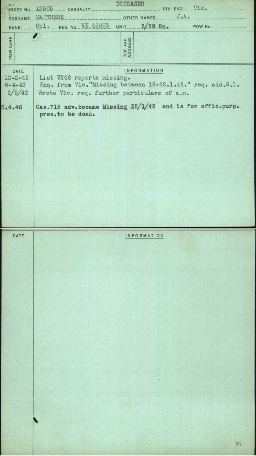 Matthews, J A, VX45653