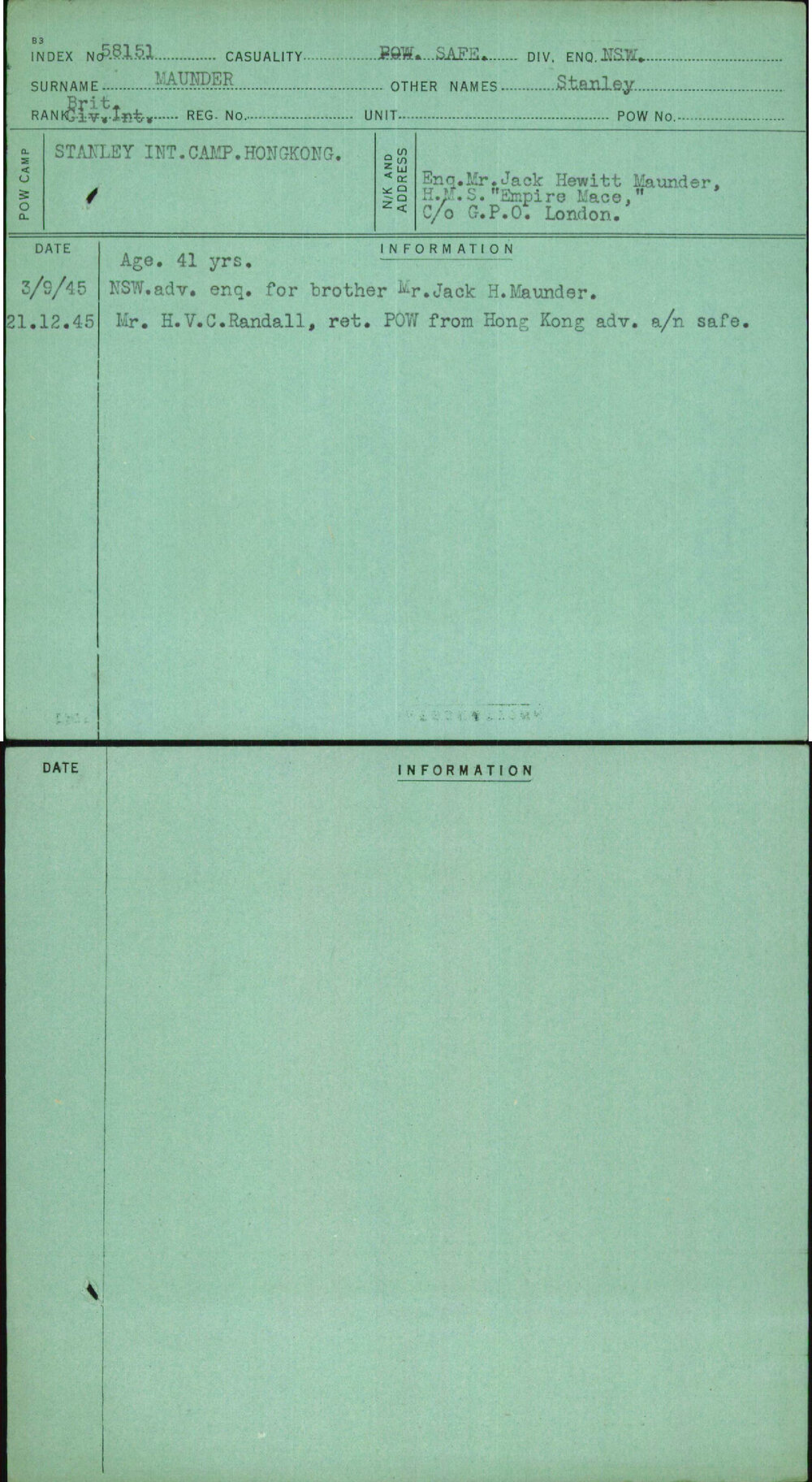 Maunder, Stanley, [No Service Number]