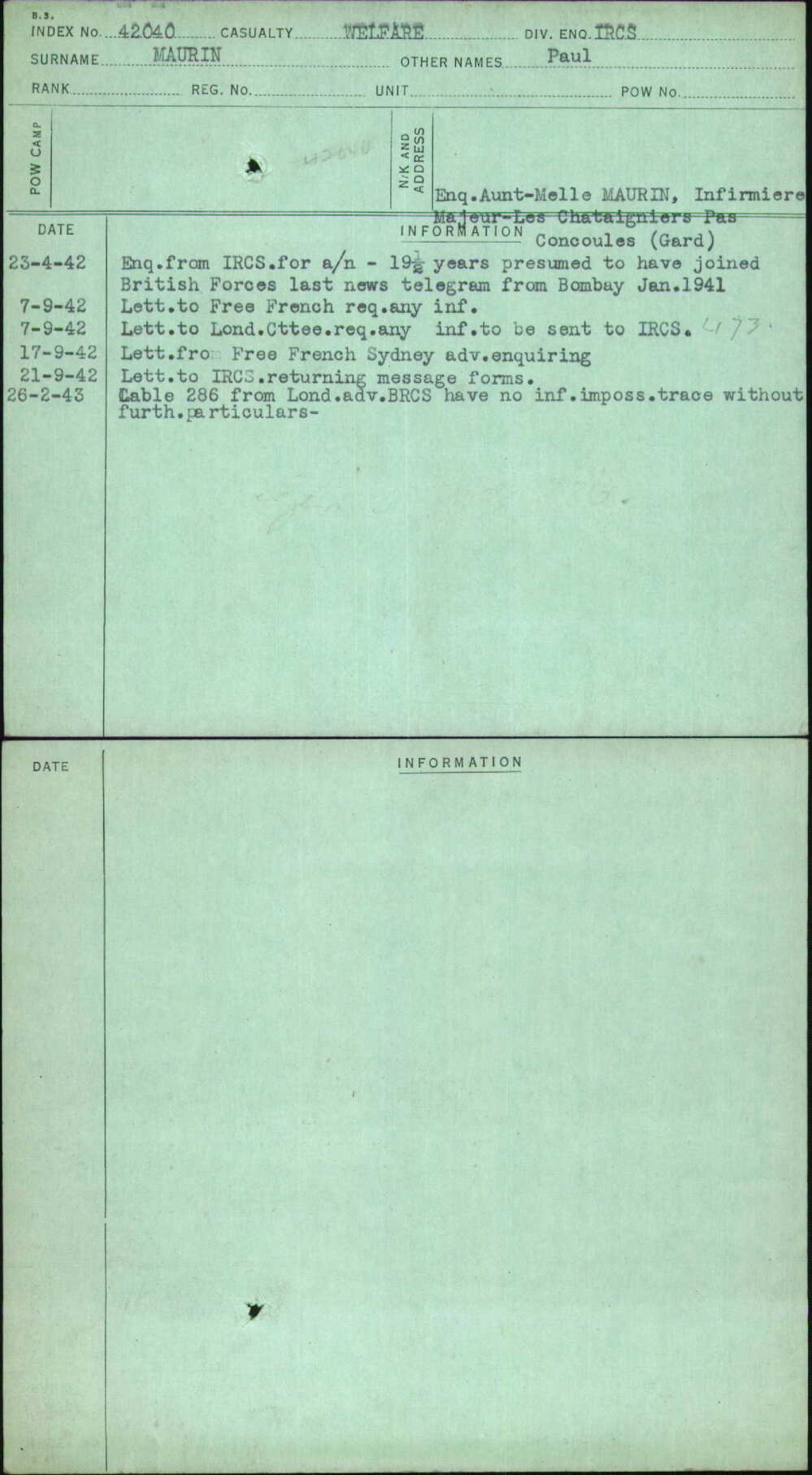 Maurin, Paul, [No Service Number]