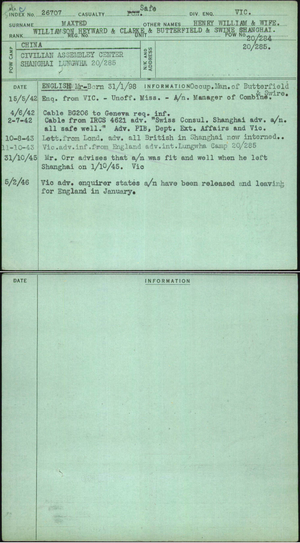 Maxted, Henry William &amp; Wife, [No Service Number]