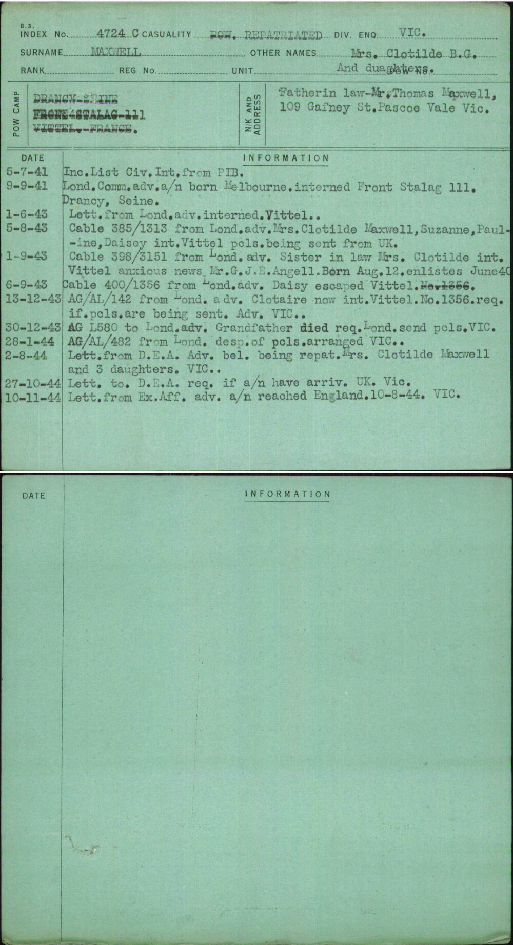 Maxwell, Mrs Clotilde B G, [No Service Number]