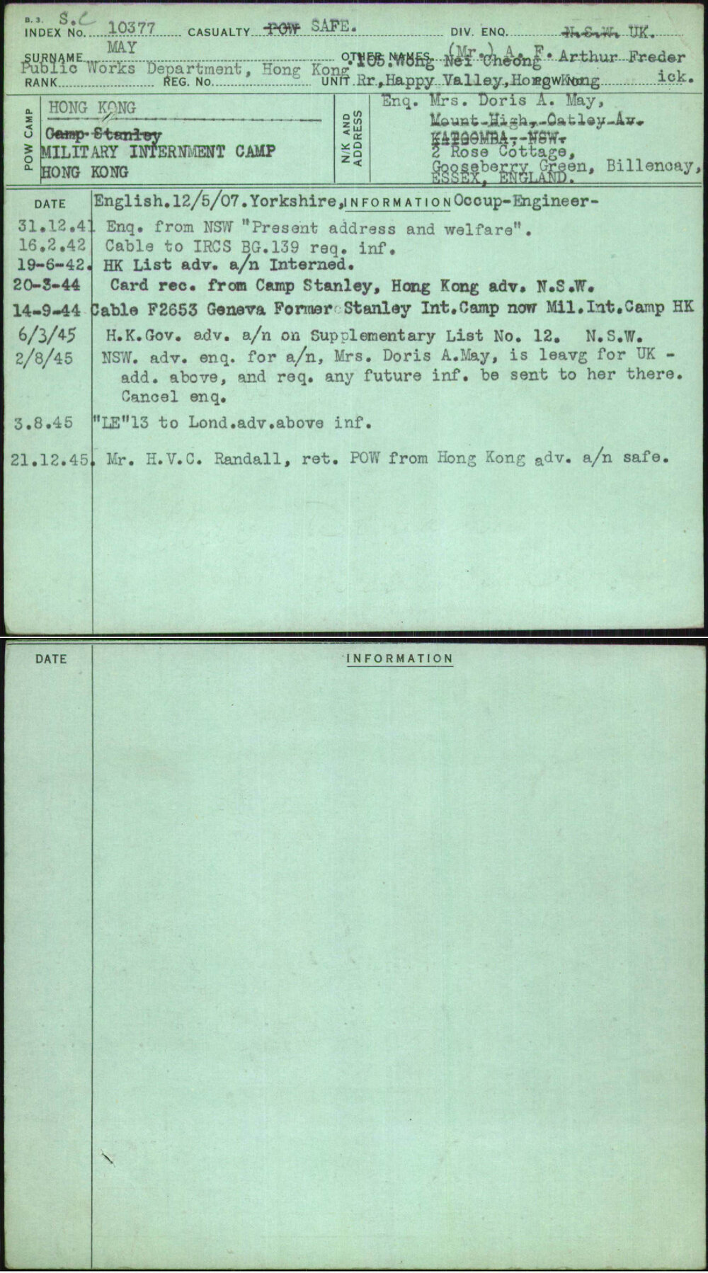 May, (Mr) A F Arthur Frederick, [No Service Number]