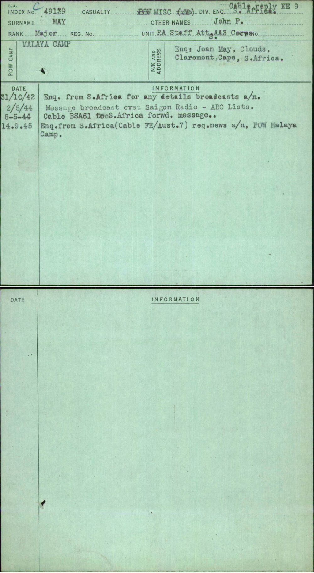 May, John P, [No Service Number]