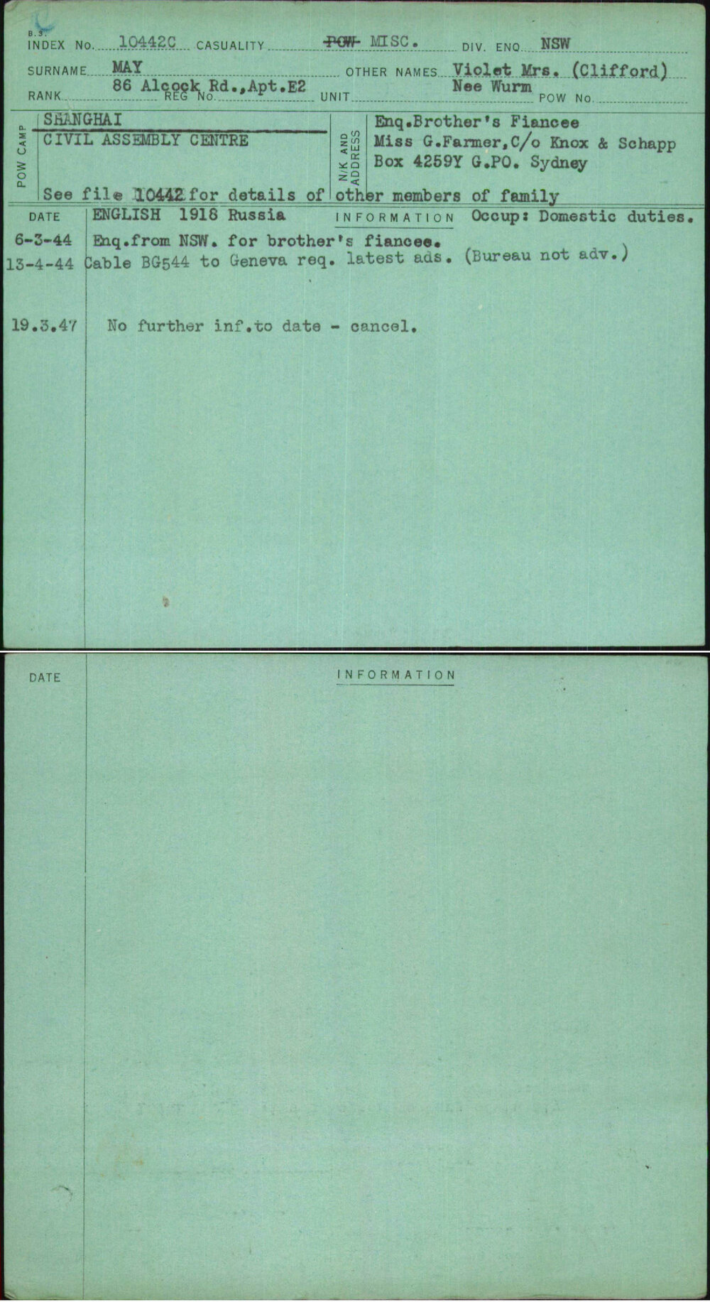 May, Violet Mrs (Clifford), [No Service Number]