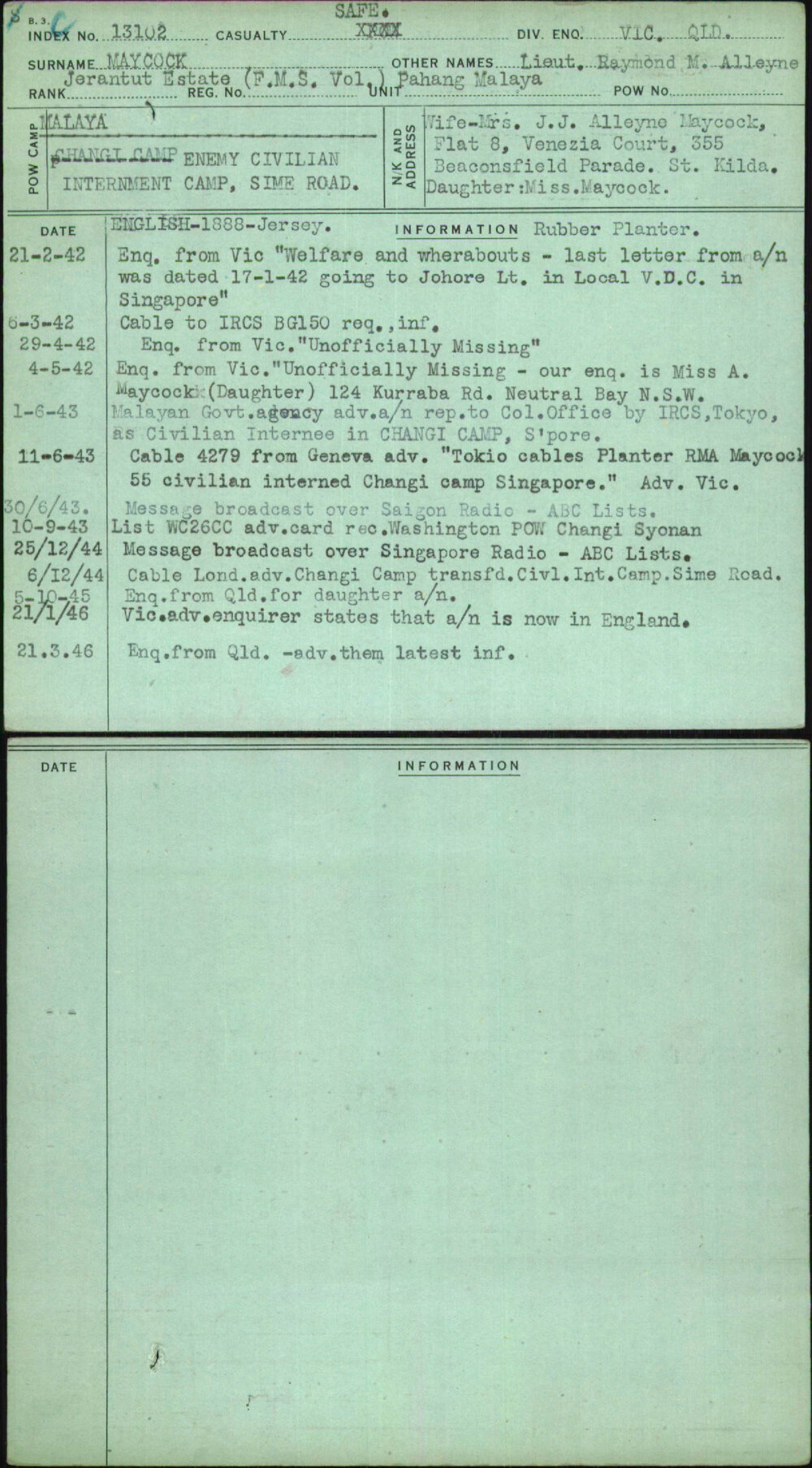 Maycock, Lieut Raymond M Alleyne, [No Service Number]