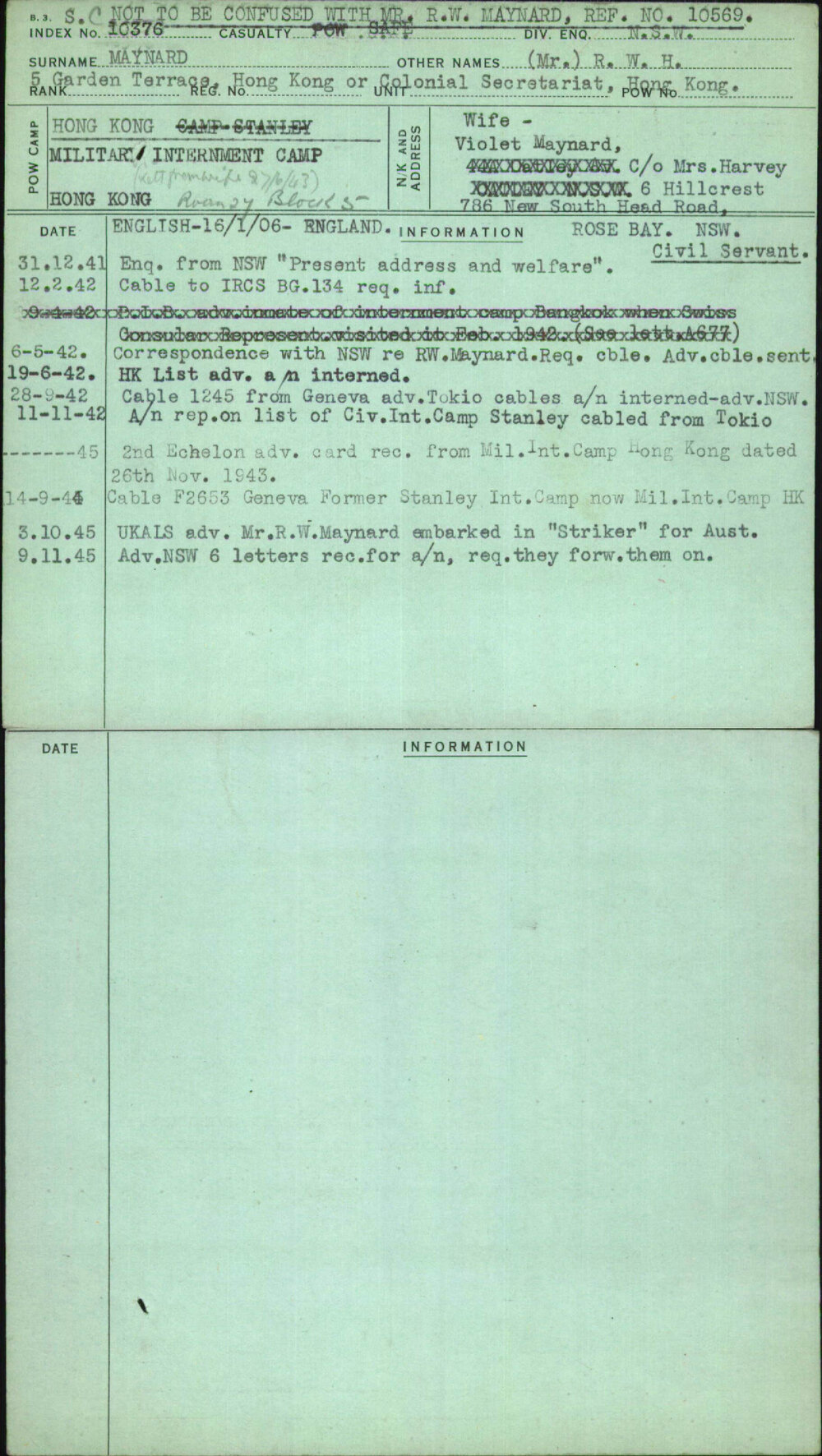 Maynard, (Mr) R W H, [No Service Number]
