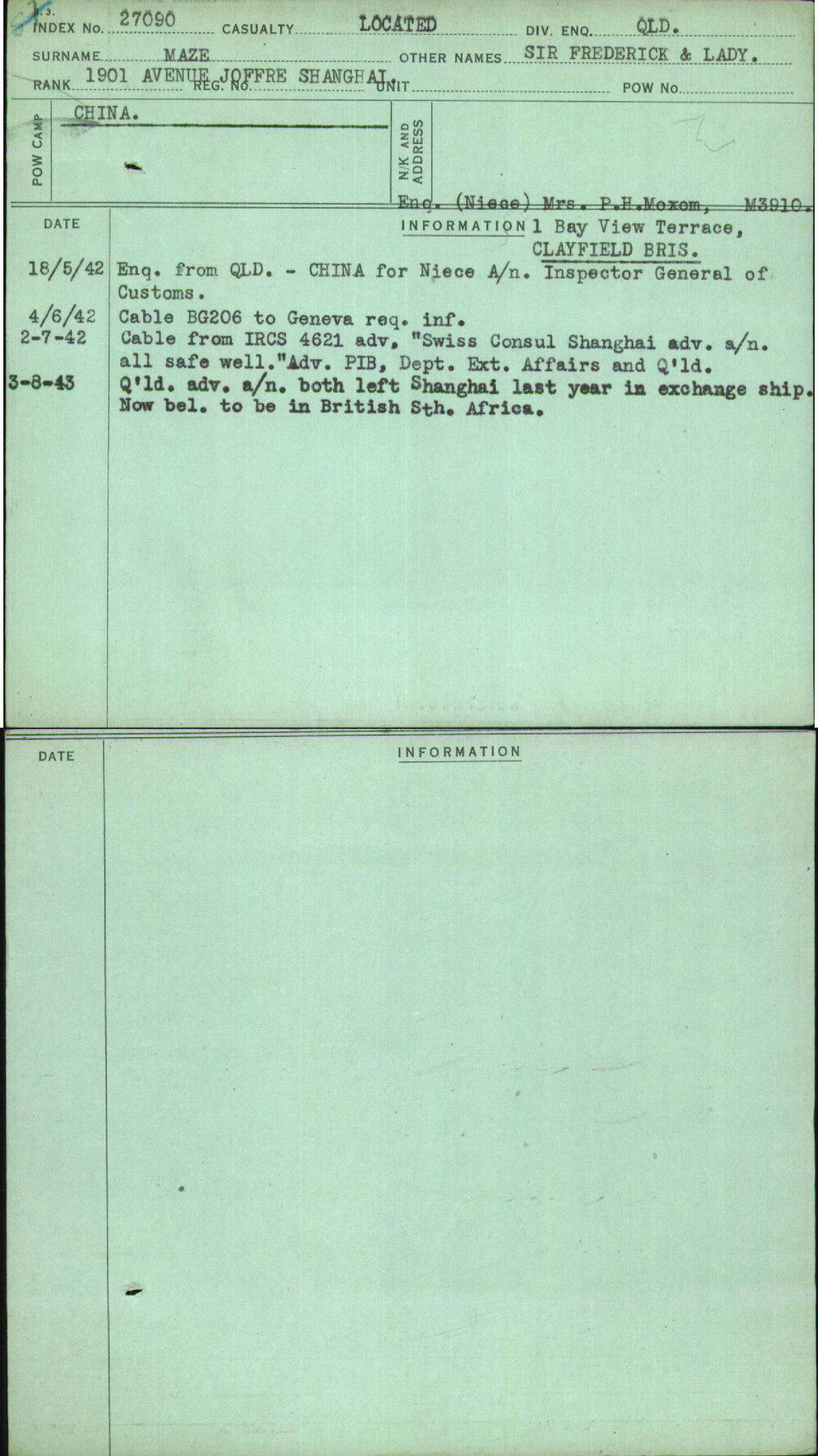Maze, Sir Frederick &amp; Lady, [No Service Number]