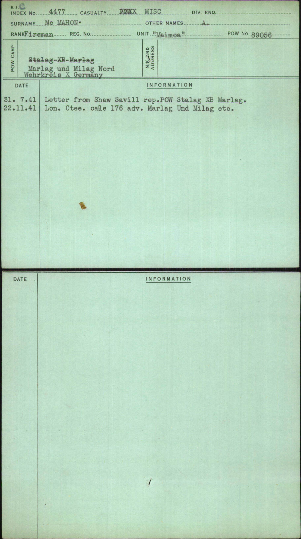 Mc Mahon, A, [No Service Number]