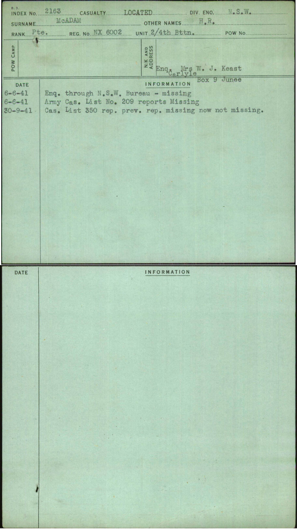 Mcadam, H R, NX6002