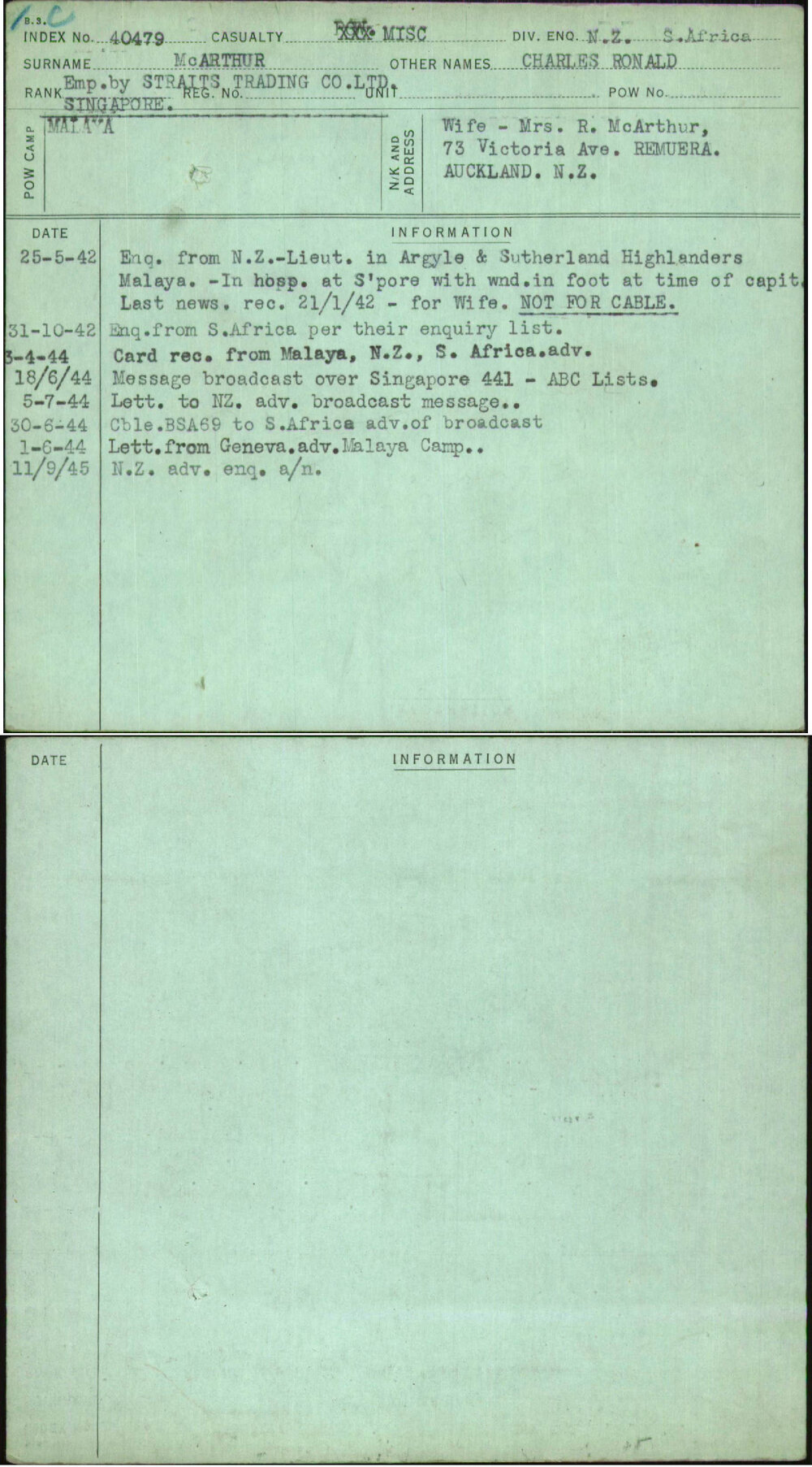 Mcarthur, Charles Ronald, [No Service Number]