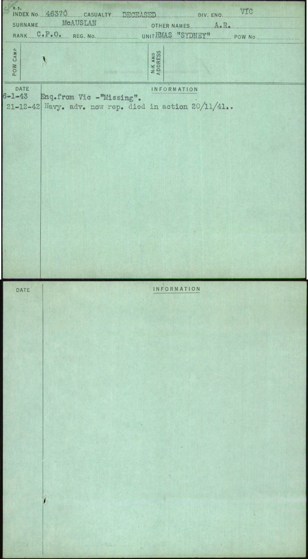 Mcauslan, A R, [No Service Number]