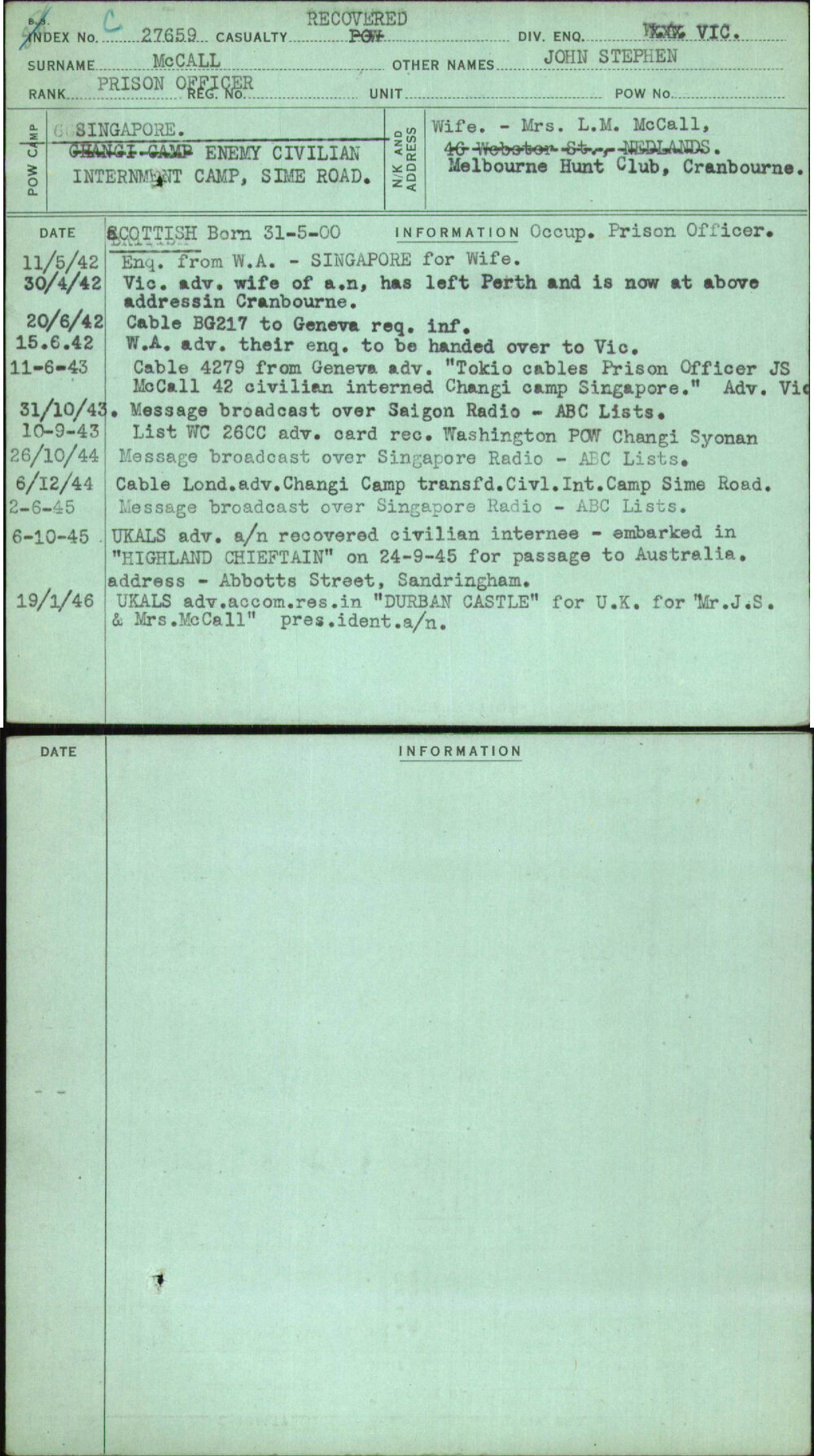 Mccall, John Stephen, [No Service Number]