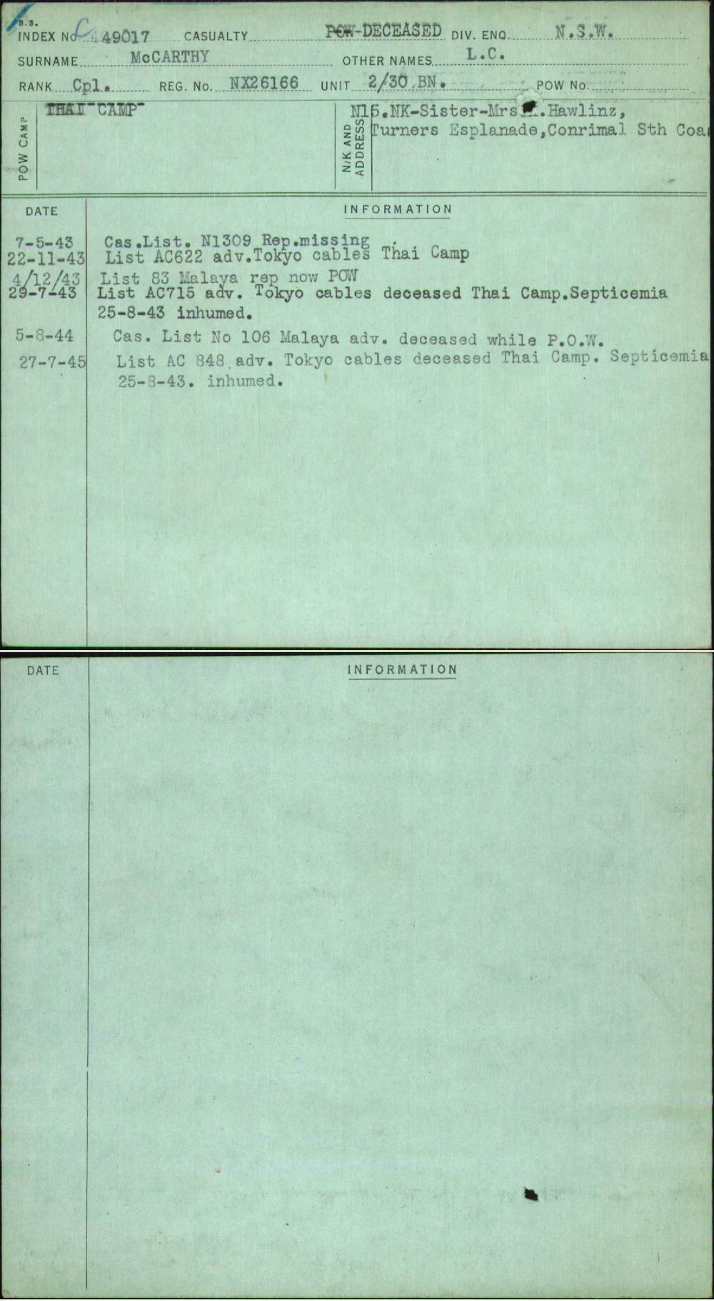 Mccarthy, L C, NX26166