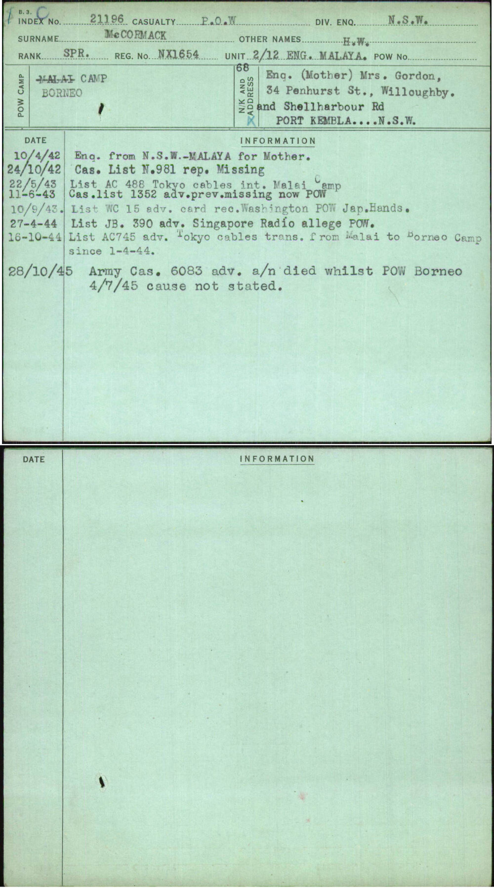 Mccormack, H W, NX1654