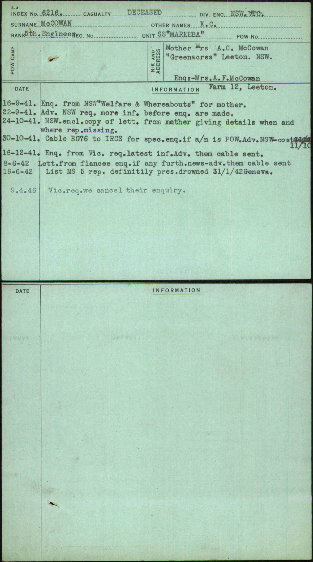 Mccowan, K C, [No Service Number]