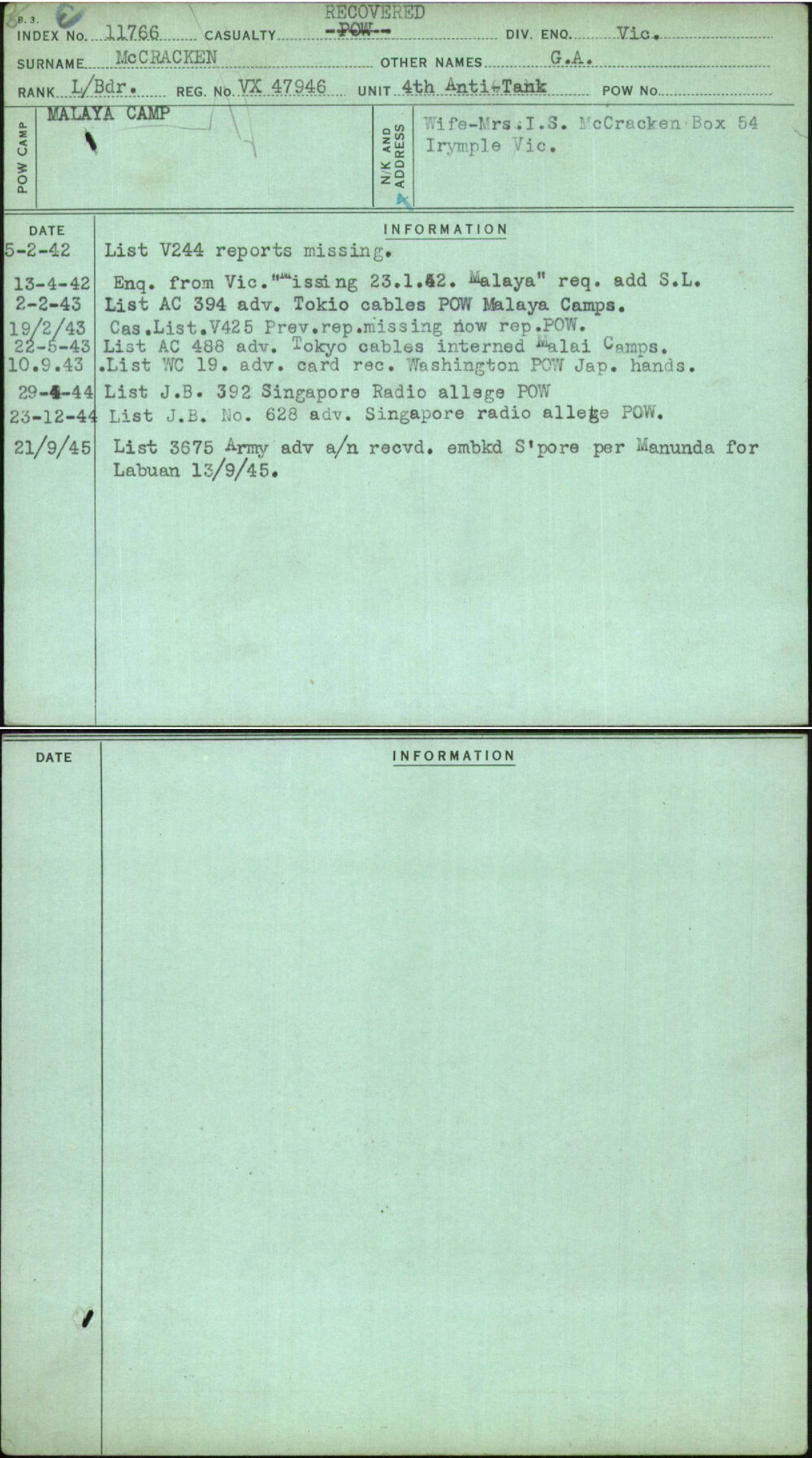 Mccracken, G A, VX47946