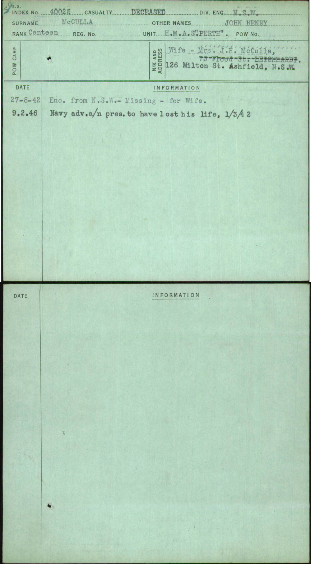 Mcculla, John Henry, [No Service Number]