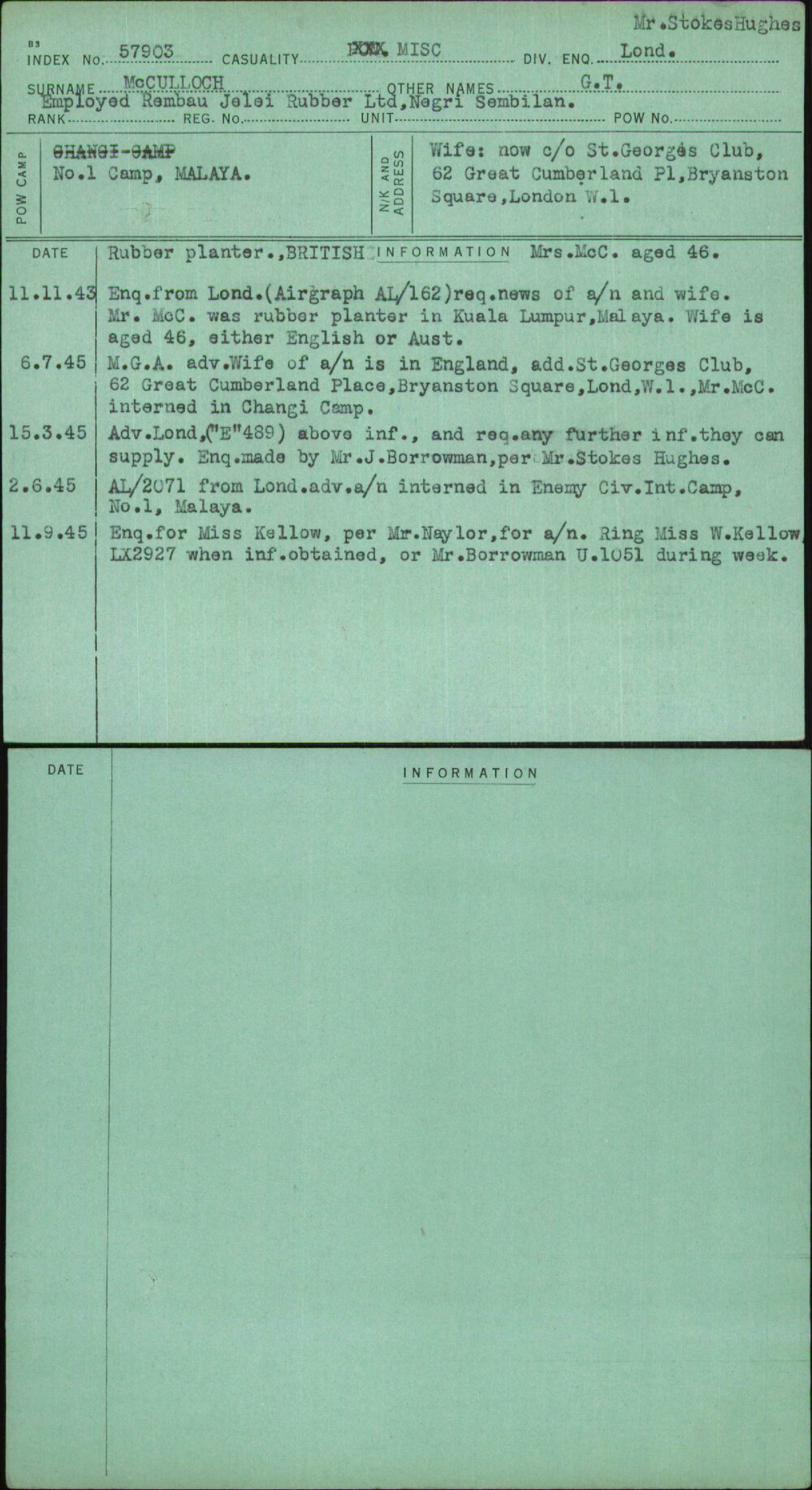 Mcculloch, G T, [No Service Number]