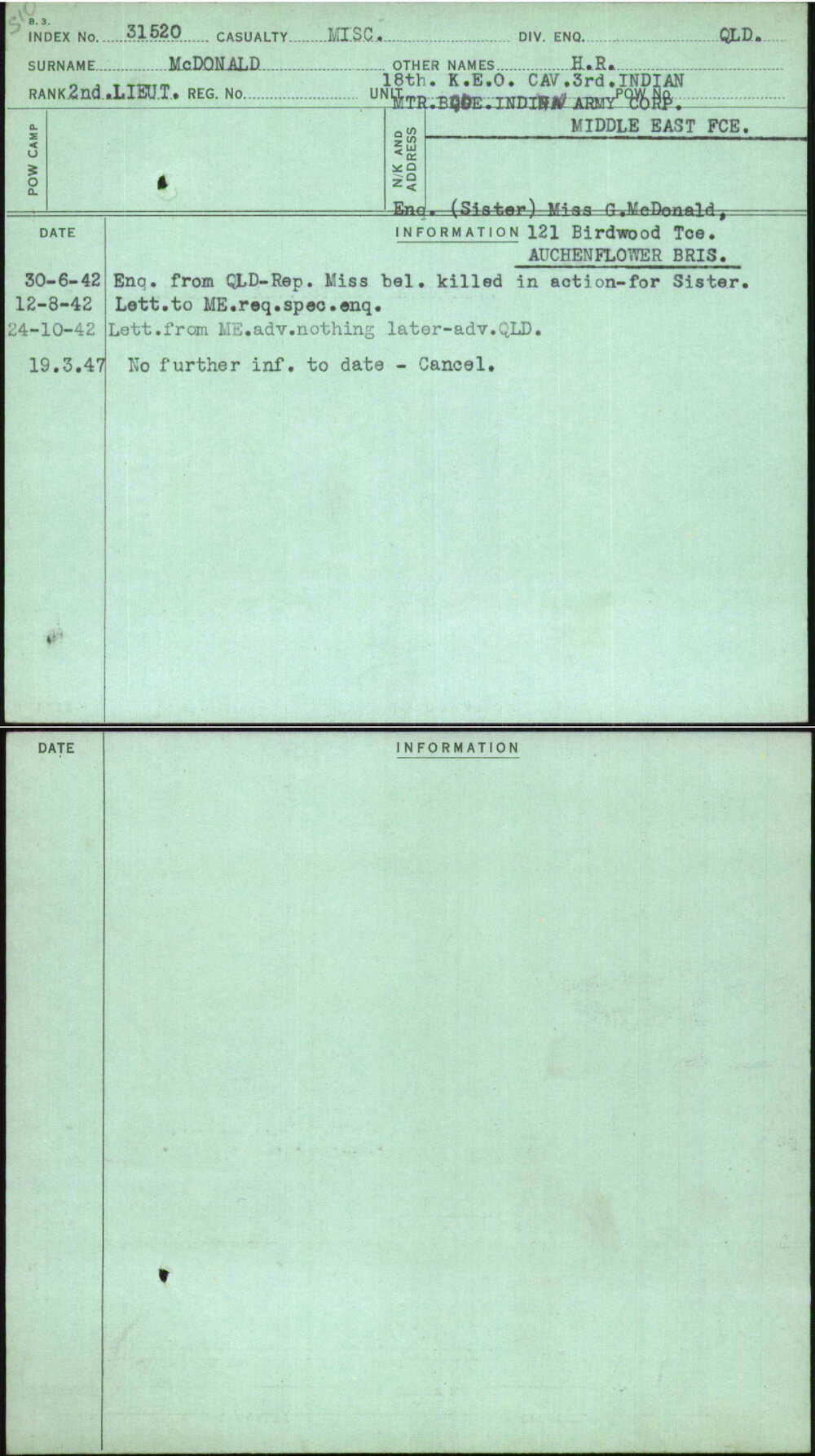 Mcdonald, H R, [No Service Number]
