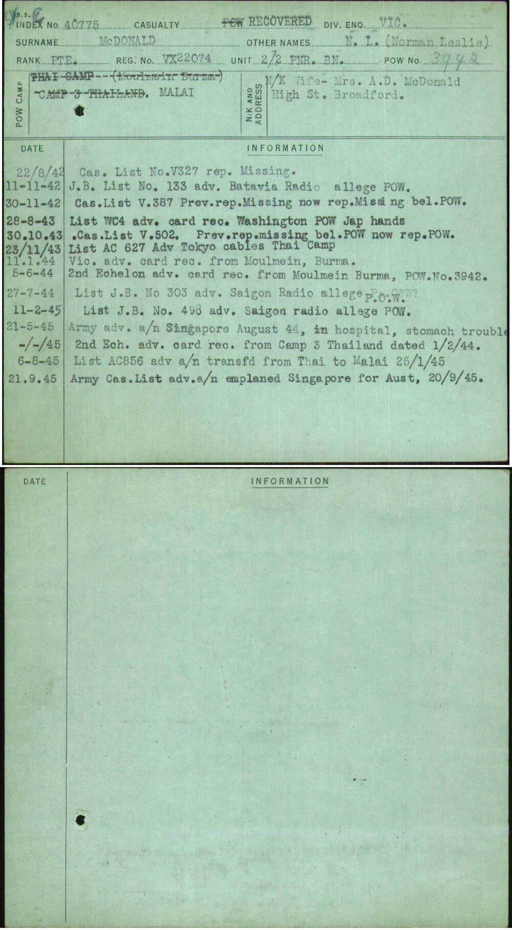Mcdonald, N L (Norman Leslie), VX22074
