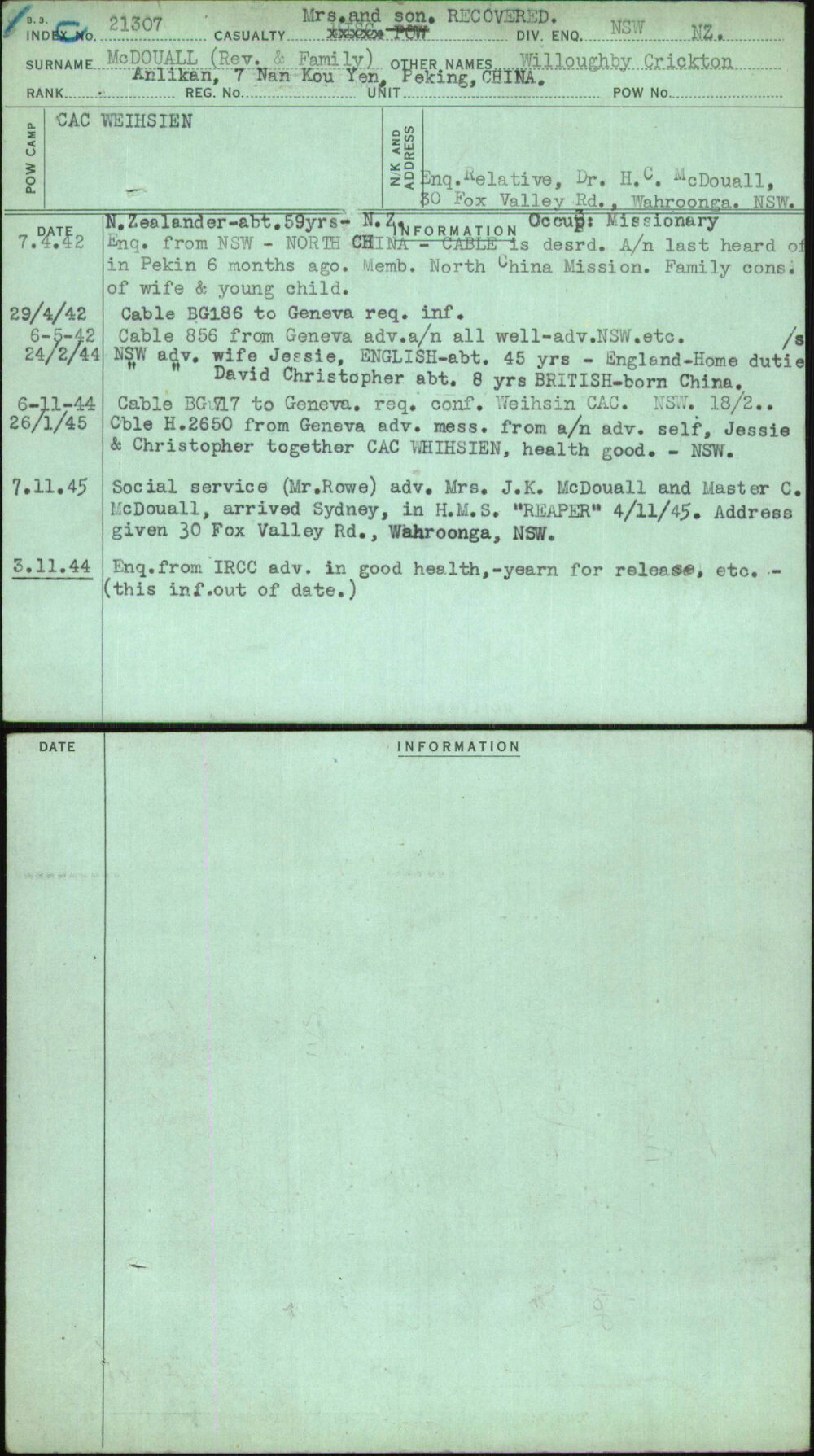 Mcdouall (Rev &amp; Family), Willoughby Crickton, Anlikan 7 Nan Kou Yen Peking China