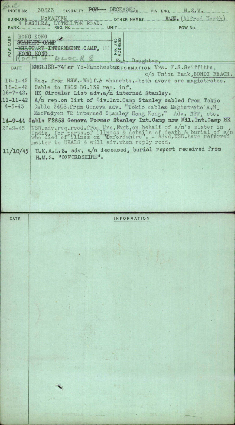 Mcfadyen, A N (Alfred Newth), [No Service Number]