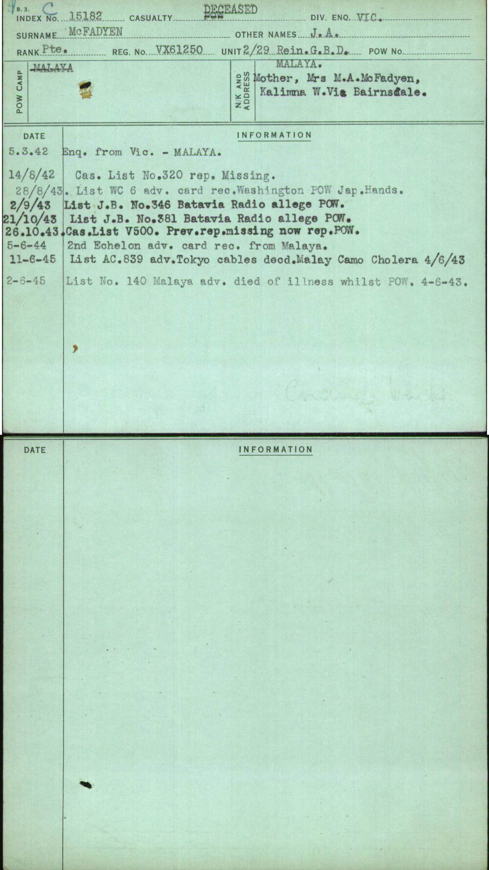 Mcfadyen, J A, VX61250
