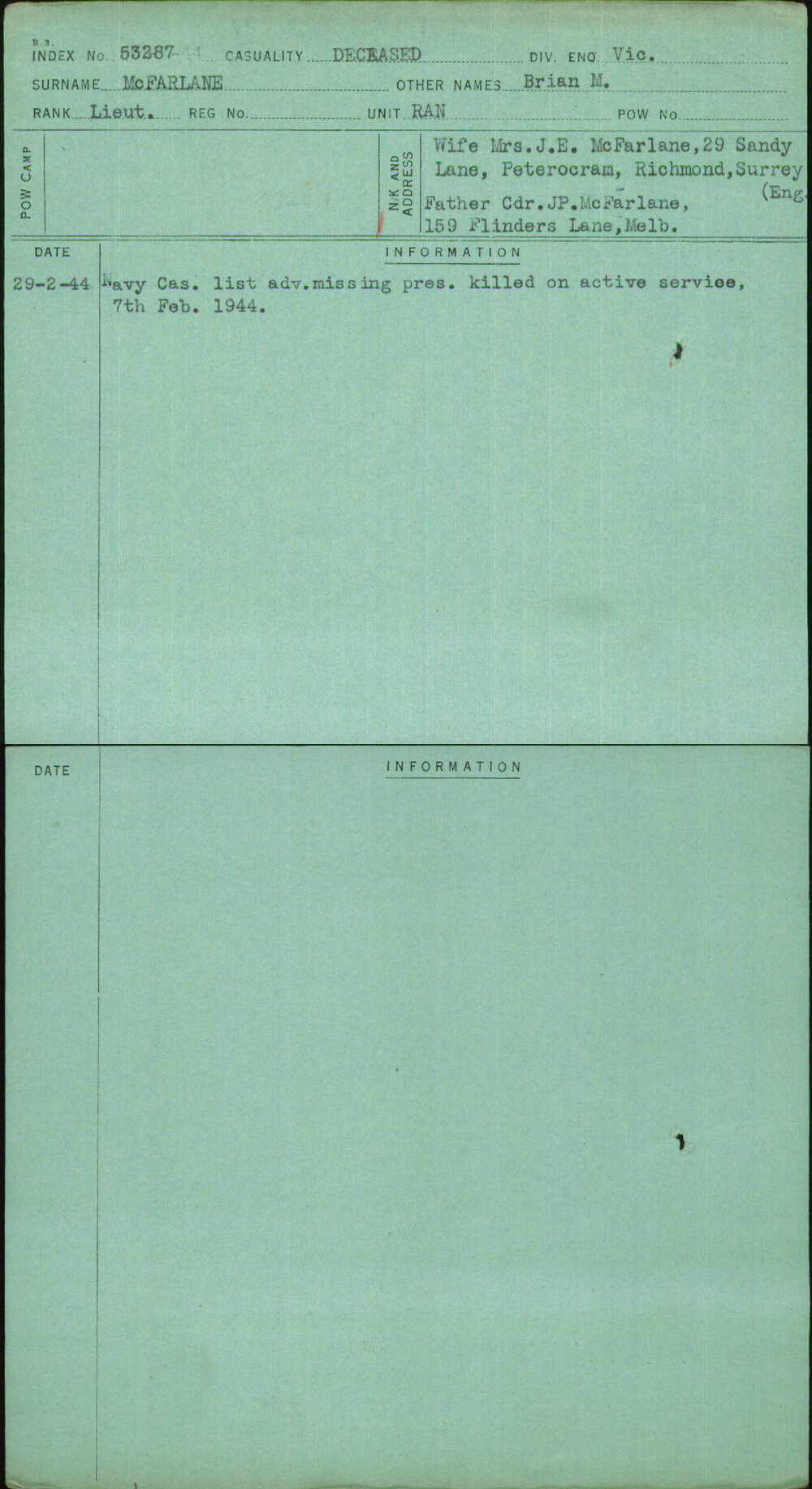 Mcfarlane, Brian M, [No Service Number]