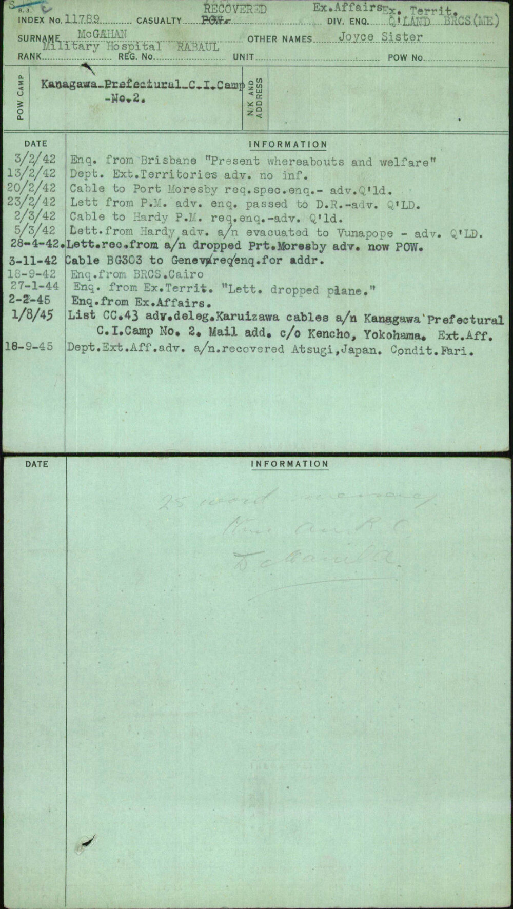 Mcgahan, Joyce Sister, [No Service Number]