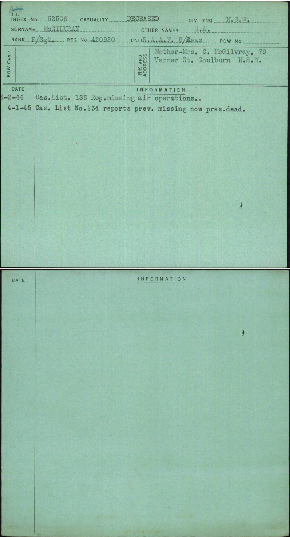 Mcgilvray, G A, 420980