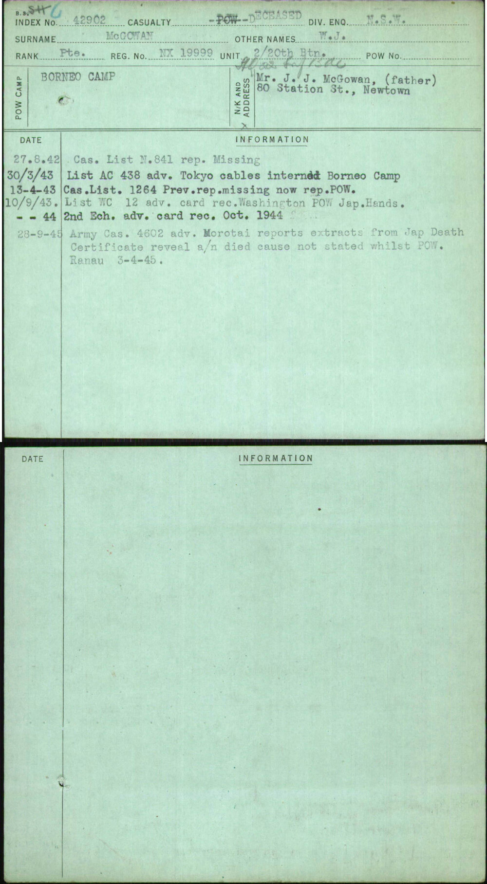 Mcgowan, W J, NX19999