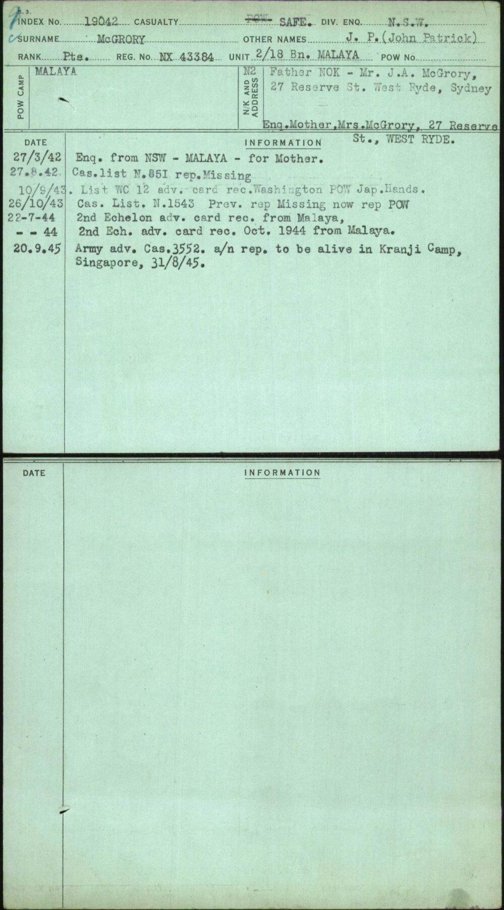 Mcgrory, J P (John Patrick), NX43384