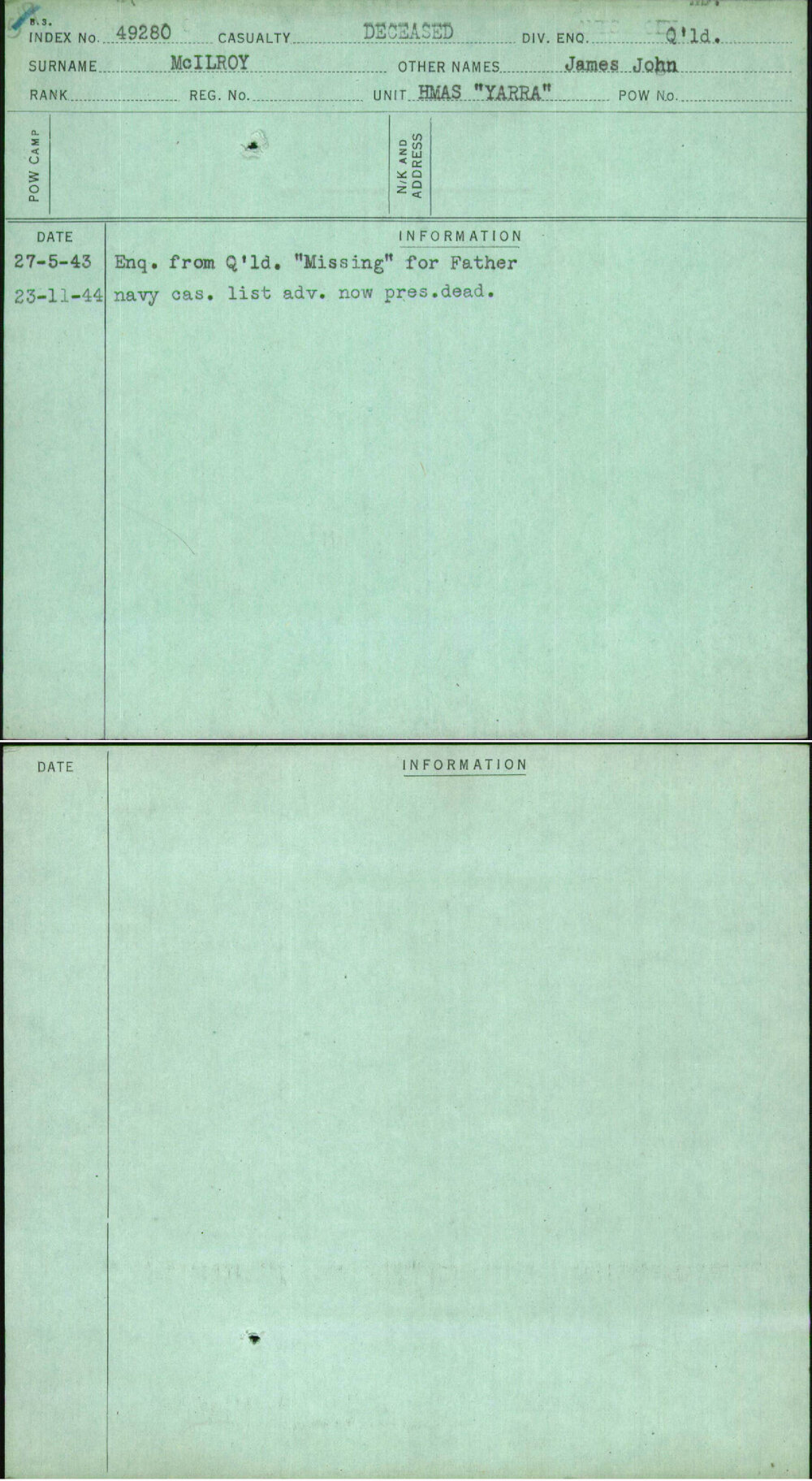 Mcilroy, James John, [No Service Number]