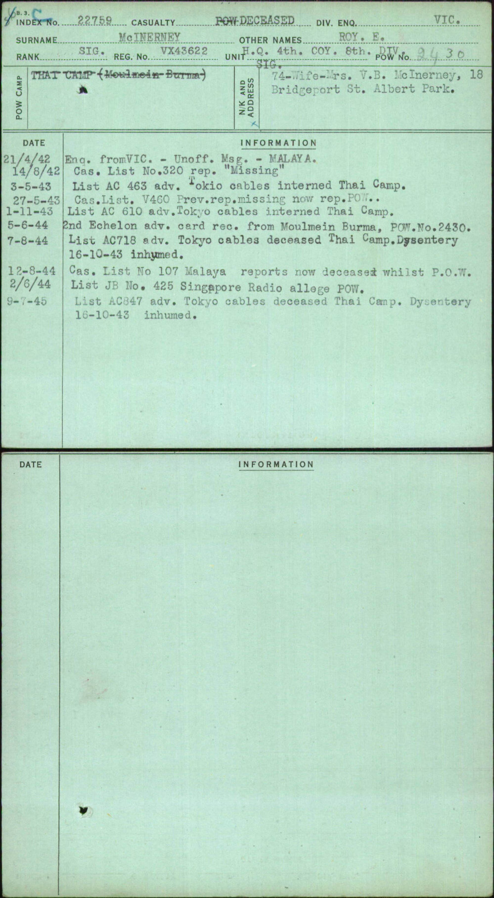 Mcinerney, Roy E, VX43622