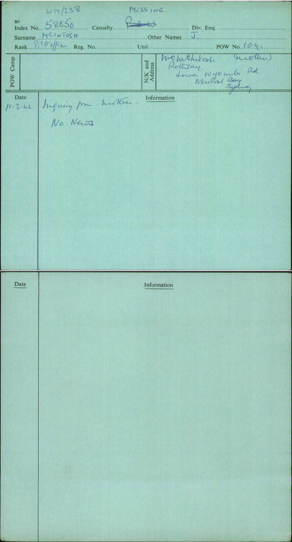 Mcintosh, J, [No Service Number]