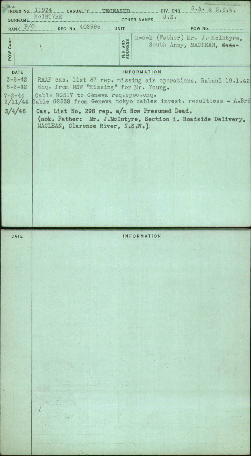 Mcintyre, J S, 402995