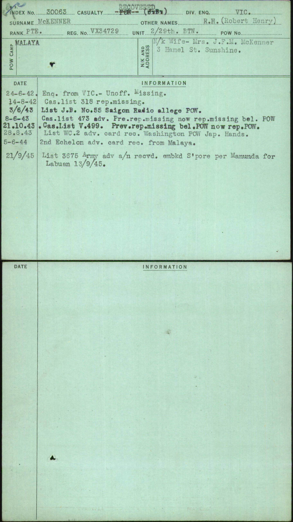 Mckenner, R H (Robert Henry), VX34729