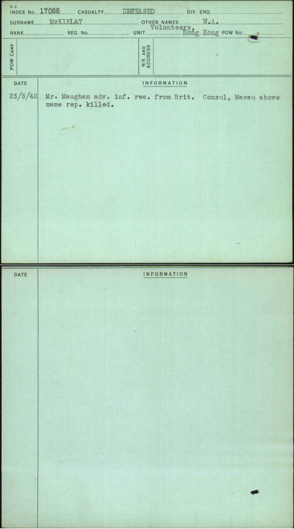 Mckinlay, W A, [No Service Number]